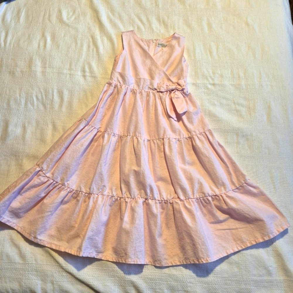 Hope & Henry girls size 4 pink long linen blend tiered dress, VGUC